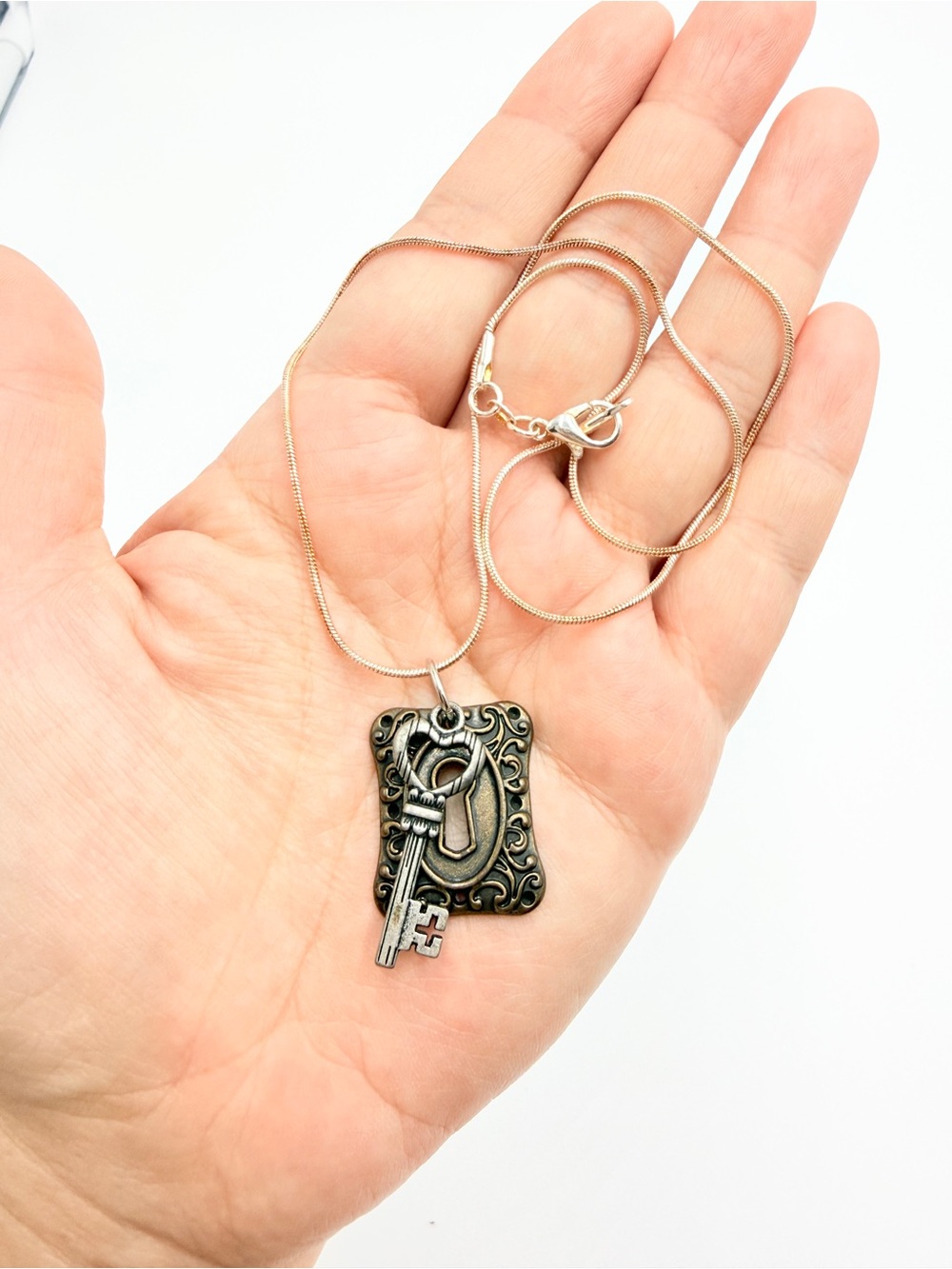 Vintage Key & Keyhole Pendant Necklace on Silver-Plated Snake Chain